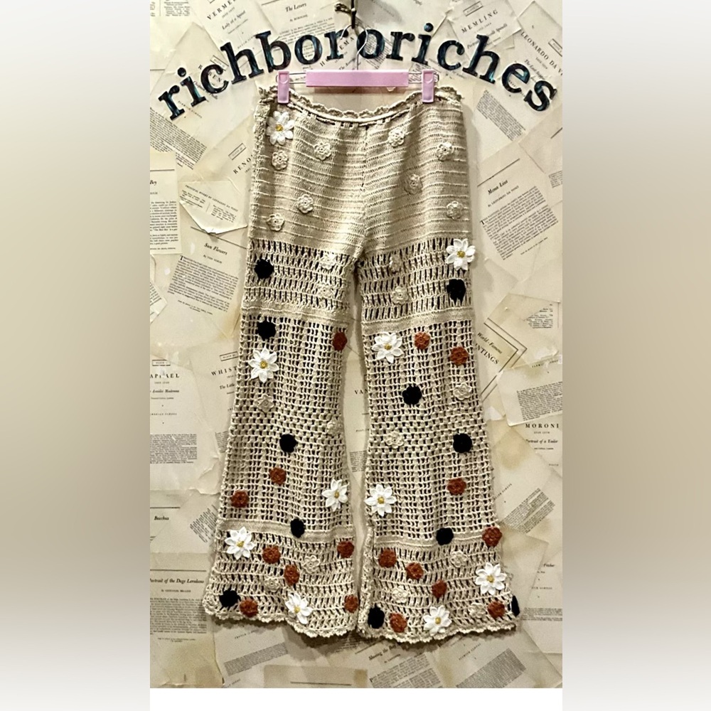 Free People Cactus Flower Crochet Pant Drawstring Natural Ivory Black Rust - Picture 7 of 7
